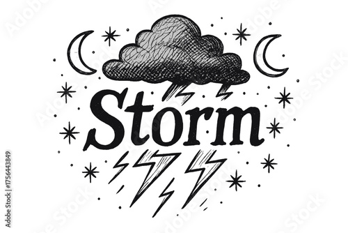 Moonlit Thunderstorm Art. Hand-drawn thunderstorm with moons, lightning, and sparks, center word “Storm” in black and white