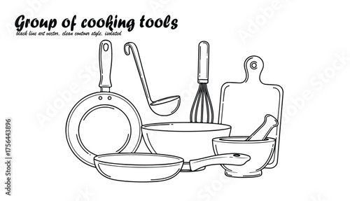 Black and white illustration of various cooking tools including pans, bowl, ladle, whisk, mortar and pestle, and a cutting board.