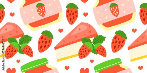 Cute seamless pattern with hand drawn flat strawberry cheesecake slices, hearts and berries. Seasonal summer background.