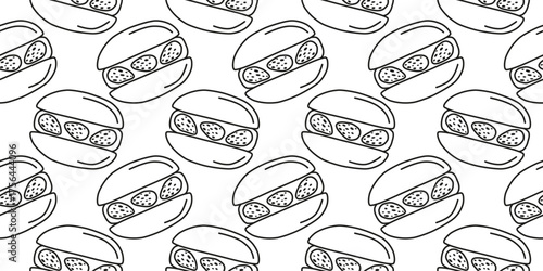 Black and white seamless pattern with hand drawn outline strawberry macaroons. Seasonal summer background.
