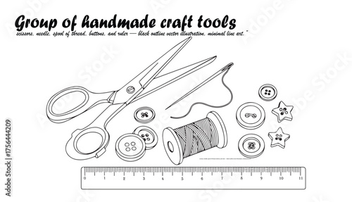 A detailed line art illustration of sewing and craft supplies, including scissors, buttons, thread spool, needle, and ruler.