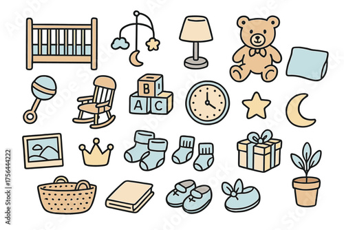 Nursery Doodle Icons. Nursery doodle icon set: hand drawn icons of crib, mobile, lamp, teddy bear, blanket, pillow, rattle,