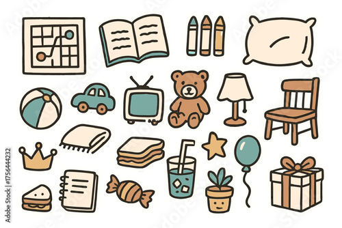 Home Activities Icons. Home activities doodle icon set: hand drawn icons of board game, book, crayons, pillow, ball, toy car,