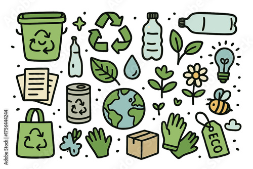 Recycling Doodle Icons. Recycling doodle icon set: hand drawn icons of recycle bin with smile, arrows loop, bottle, paper, can,