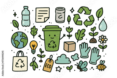 Recycling Doodle Icons. Recycling doodle icon set: hand drawn icons of recycle bin with smile, arrows loop, bottle, paper, can,