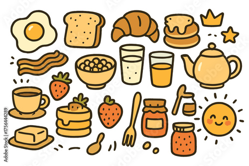 Breakfast Doodle Icons. Breakfast doodle icon set: hand drawn icons of fried egg, toast, croissant, pancake, bacon, cereal bowl,