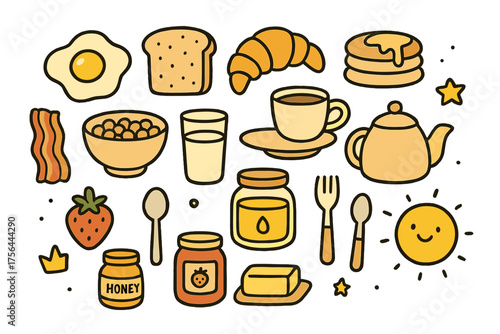 Breakfast Doodle Icons. Breakfast doodle icon set: hand drawn icons of fried egg, toast, croissant, pancake, bacon, cereal bowl,