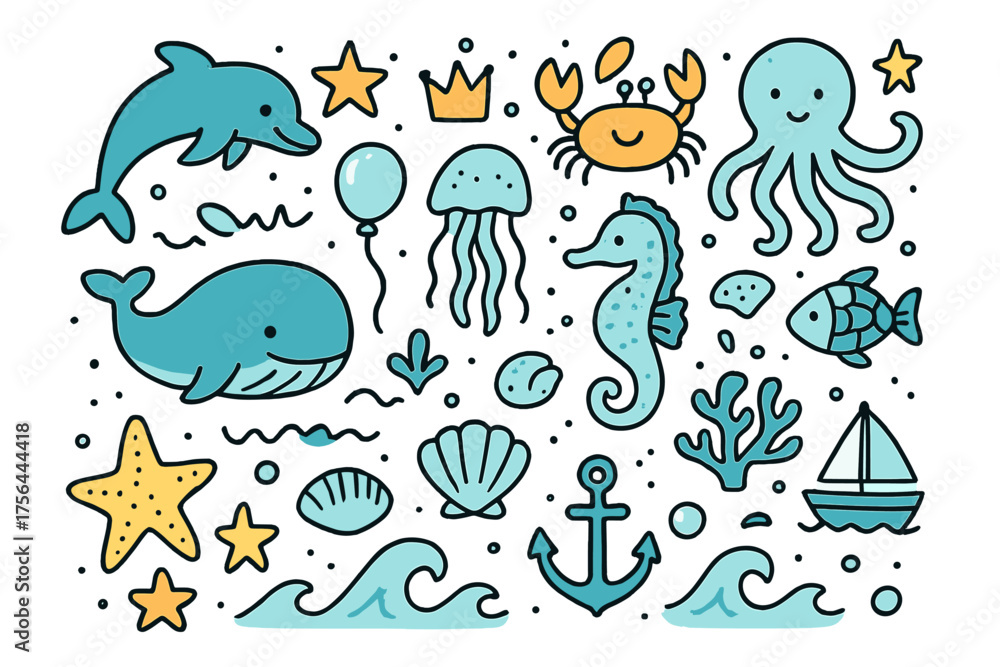 Fototapeta premium Ocean Animals Doodle. Ocean animals doodle icon set: hand drawn icons of dolphin, whale, crab, octopus, jellyfish, seahorse,