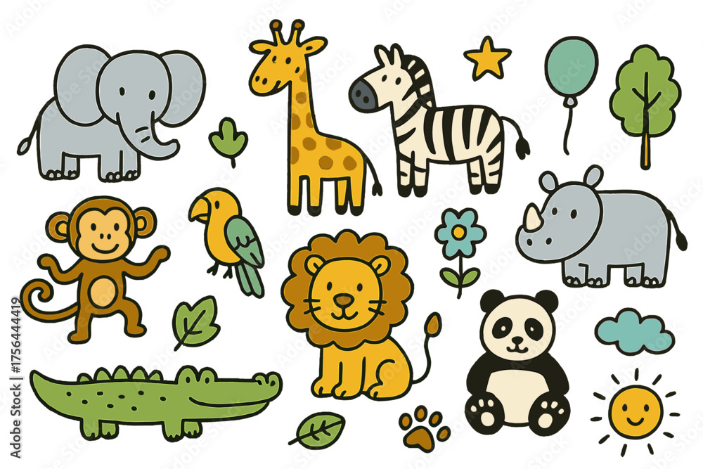 Fototapeta premium Zoo Animals Doodle Icons. Zoo animals doodle icon set: hand drawn icons of elephant, giraffe, zebra, lion, monkey, parrot,