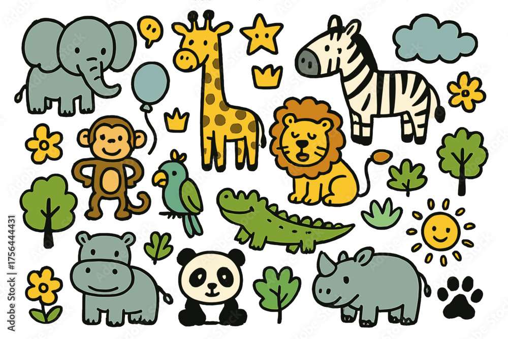 Obraz premium Zoo Animals Doodle Icons. Zoo animals doodle icon set: hand drawn icons of elephant, giraffe, zebra, lion, monkey, parrot,