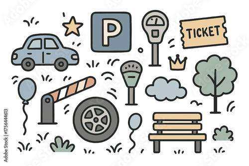 Parking Doodle Icons. Parking doodle icon set: hand drawn icons of car, parking sign, meter, ticket, barrier, wheel, crown, star,