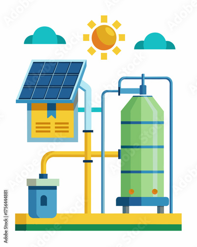 A solarpowered filtration system fitted with advanced technology able to remove harmful contaminants and produce safe drinkable water in just a few hours.. Vector illustration