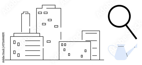 Minimalist cityscape with tall buildings, a magnifying glass, and a watering can. Ideal for urban research, growth, real estate, sustainability, future trends analysis investment. Simple flat