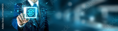 Cloud backup technology and encrypted data network connecting with reliable holographic interface accuracy solution for data recovery. Future of security, storage, and digital continuity.