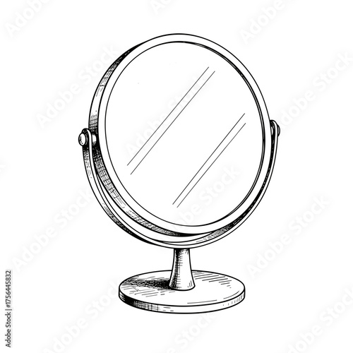 Vintage tabletop mirror in hand-drawn style with simple design, black and white vector illustration on transparent background  