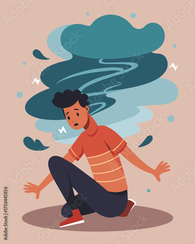 A person feeling paralyzed and overwhelmed as if they have been struck by a stress tornado and unable to move.. Vector illustration