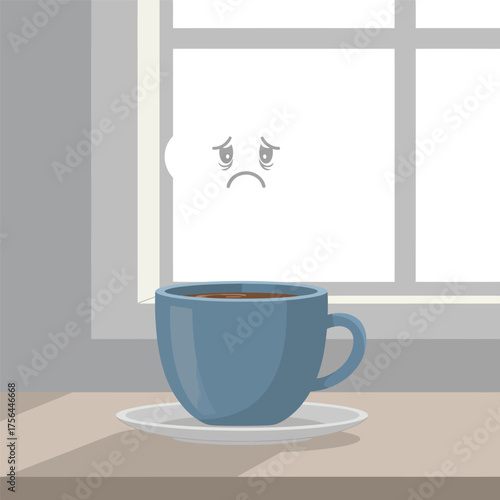 Mug of coffee with sad steam, symbolizing fatigue, Monday blues, or morning exhaustion. A concept for burnout, lack of sleep, or the need for a caffeine boost.
