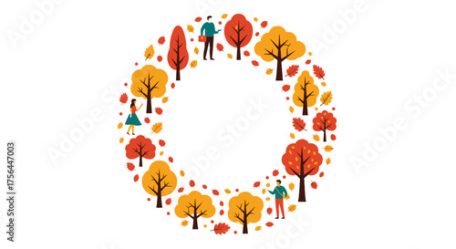 Autumnal circular composition with colorful trees falling leaves and people enjoying the season.