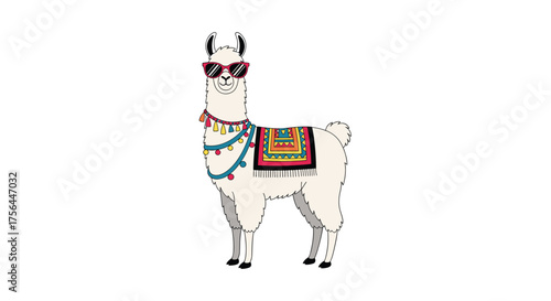 A cool llama wearing sunglasses and a festive blanket is ready to party.