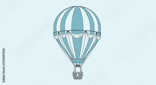 A decorative hot air balloon with blue and white stripes floats gently in the sky.