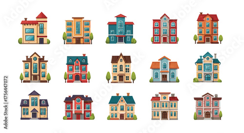 A charming collection of diverse architectural building styles and facades for urban illustration projects.