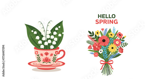 A charming cup of lily of the valley flowers next to a vibrant bouquet of spring blossoms.