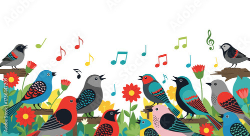 A lively chorus of colorful birds singing joyfully amongst blooming flowers and musical notes.