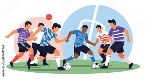 A group of diverse athletes are competing intensely in a soccer match on a vibrant green field.