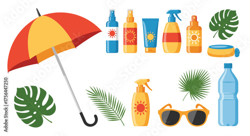Sun protection items and tropical leaves for a summer vacation.