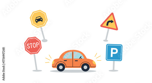 Driving lesson with traffic signs helping a small car navigate safely on the road.