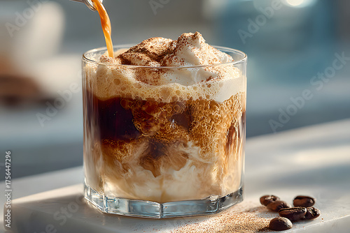 Fototapeta Naklejka Na Ścianę i Meble -  Pouring milk into a glass with warm coffee drink with pumpkin spice or cinnamon, whipped milk foam and chocolate in a white sunlit modern kitchen interior. Generative AI technology