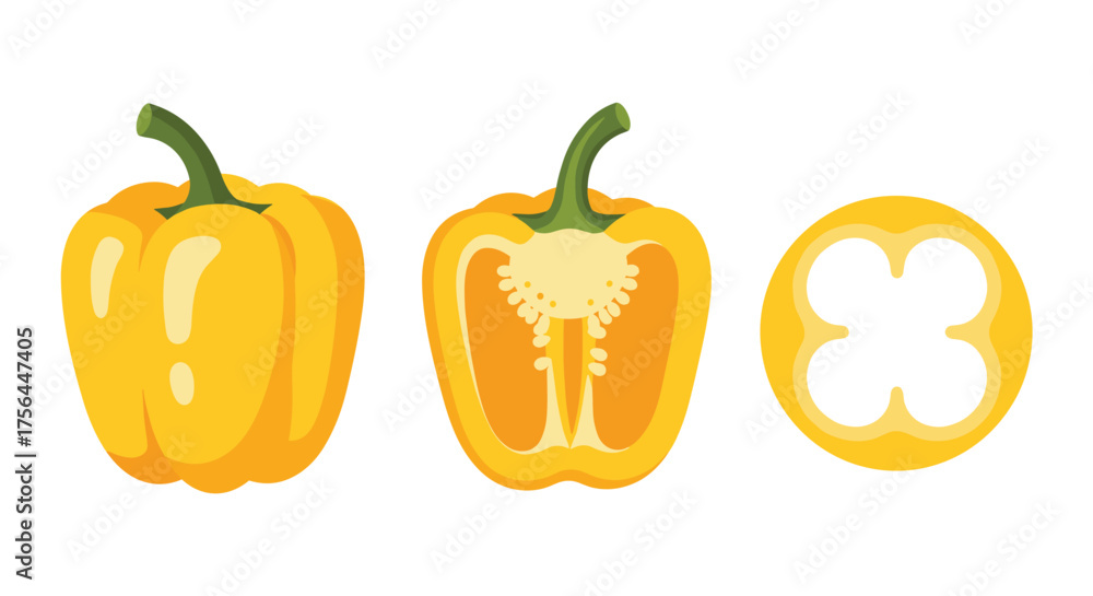 Obraz premium A whole yellow bell pepper a half pepper and a slice of pepper showing its interior structure and seeds.