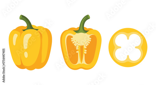 A whole yellow bell pepper a half pepper and a slice of pepper showing its interior structure and seeds.