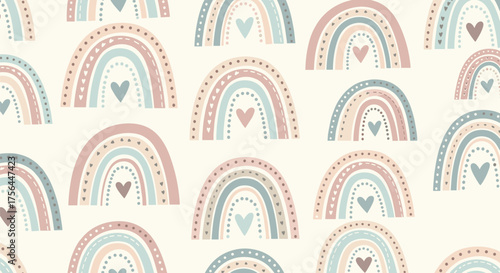 A soft and whimsical pattern of pastel rainbows with tiny hearts adorning each arch.