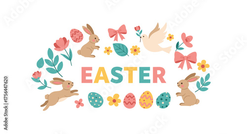 A delightful easter celebration with fluffy bunnies colorful eggs and blooming flowers.
