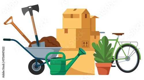 Moving day with garden tools and bicycle illustration