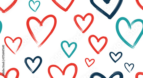 A charming collection of hand drawn hearts in various sizes and colors a perfect pattern for expressing love and affection.