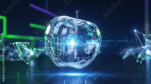 Digital apple design displayed with glowing core and network lines shows futuristic technology. Digital apple core is surrounded by geometric shapes and data streams showcasing modern innovation.
