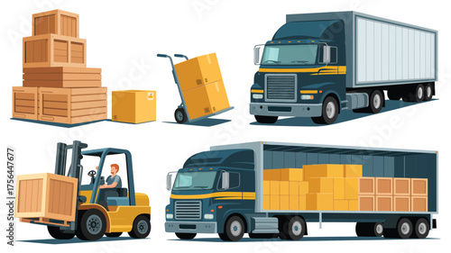 Logistics and delivery services with trucks and forklift moving boxes