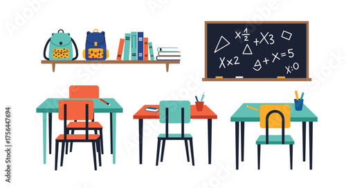 A classroom with desks chairs books and a blackboard for learning.