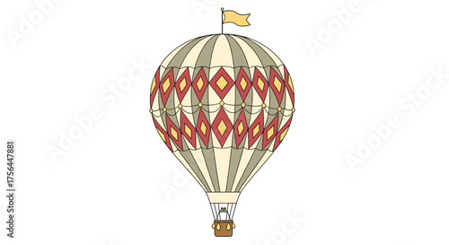 Vintage hot air balloon with intricate diamond patterns and a small basket soaring through the sky.