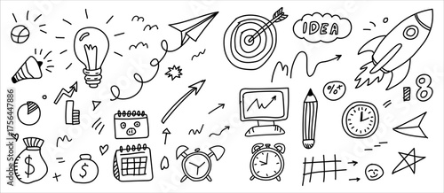 Collection of hand drawn doodle icons representing business ideas innovation strategy and success elements