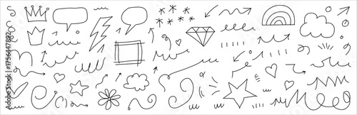 A chaotic and energetic collection of hand drawn doodles and sketches featuring abstract shapes symbols and scribbles in black and white