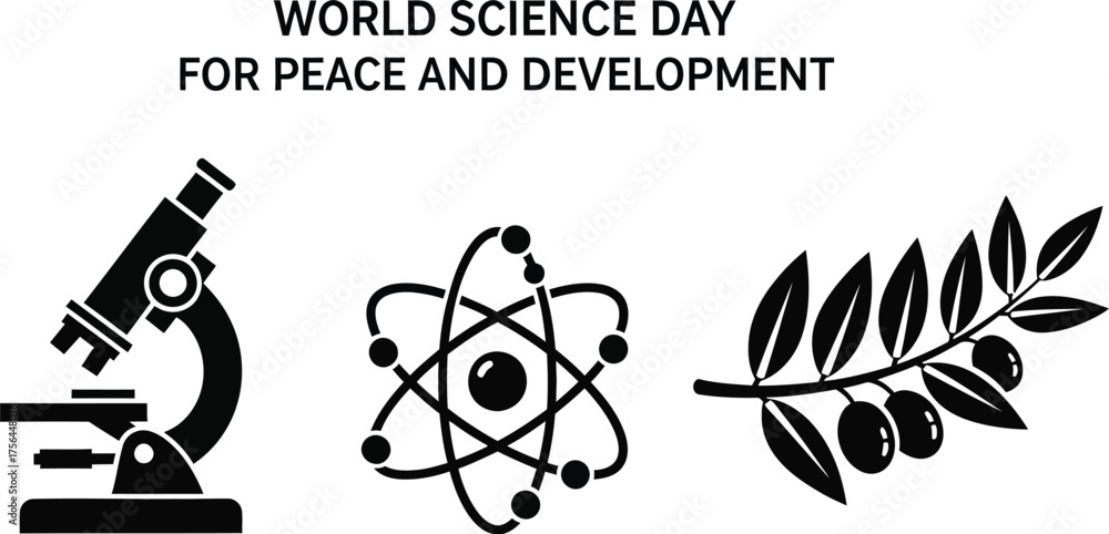 Naklejka premium World science day for peace and development with microscope, atom and olive branch