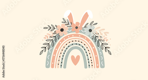 A whimsical pastel rainbow with delicate flowers and a sweet heart for spring.