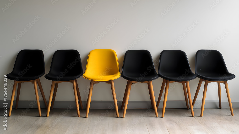 Obraz premium Row of black chairs punctuated by a vibrant yellow seat stands out in a room with a hardwood floor and plain wall.