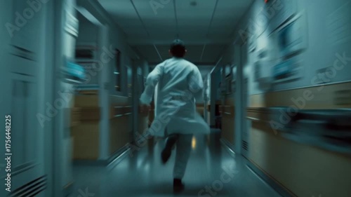 A cinematic scene of a doctor rushing through a hospital hallway, capturing the urgency, tension, and heroism of a healthcare professional in motion during a dramatic life-saving moment
