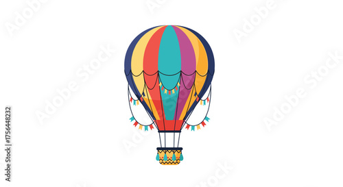 A colorful hot air balloon floats serenely in the sky adorned with festive bunting.