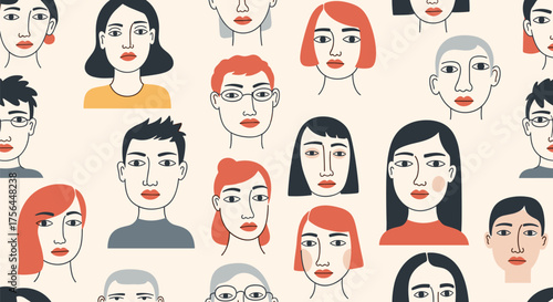 A diverse group of people's faces are illustrated in a repeating pattern.