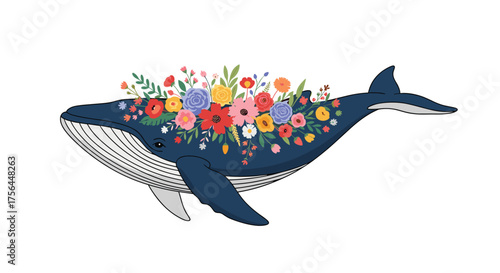 A majestic whale adorned with a vibrant tapestry of blooming flowers.